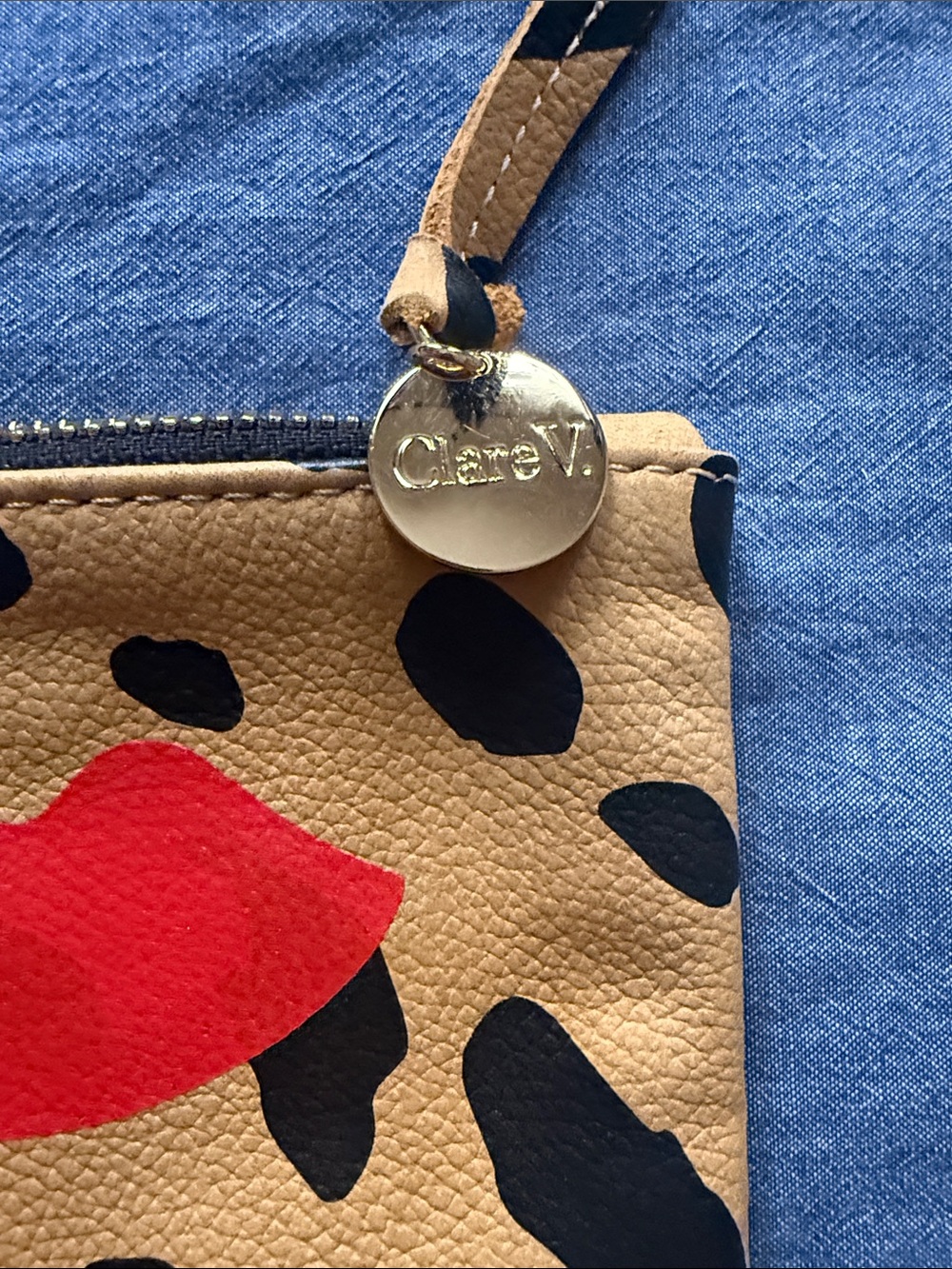 Clare V Mustard Leopard Lip Zip Pouch with Red Graphic - Picture 2 of 3